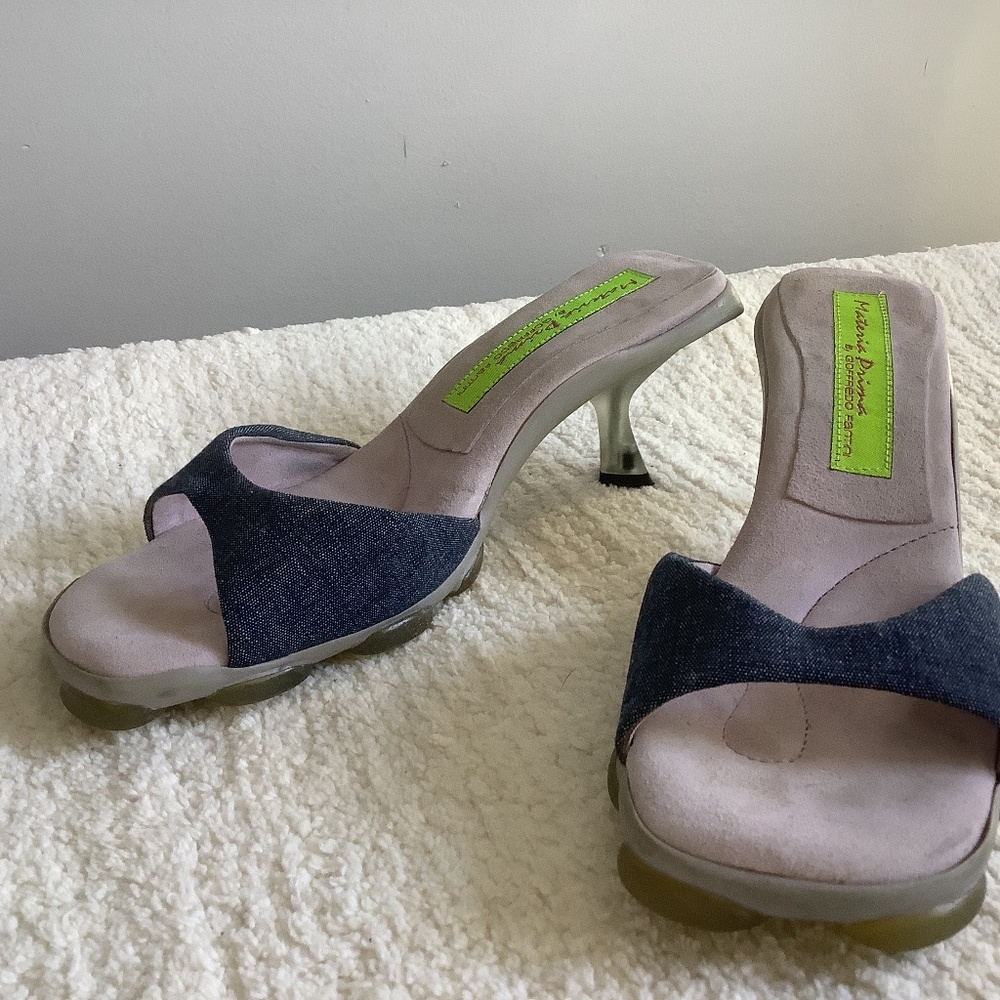 Denim kitten heel slides with clear heel size 6